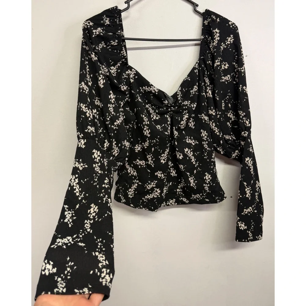 Anthropologie Black White‎ Floral Sweetheart Puff Sleeve Blouse OB1425032 Size M